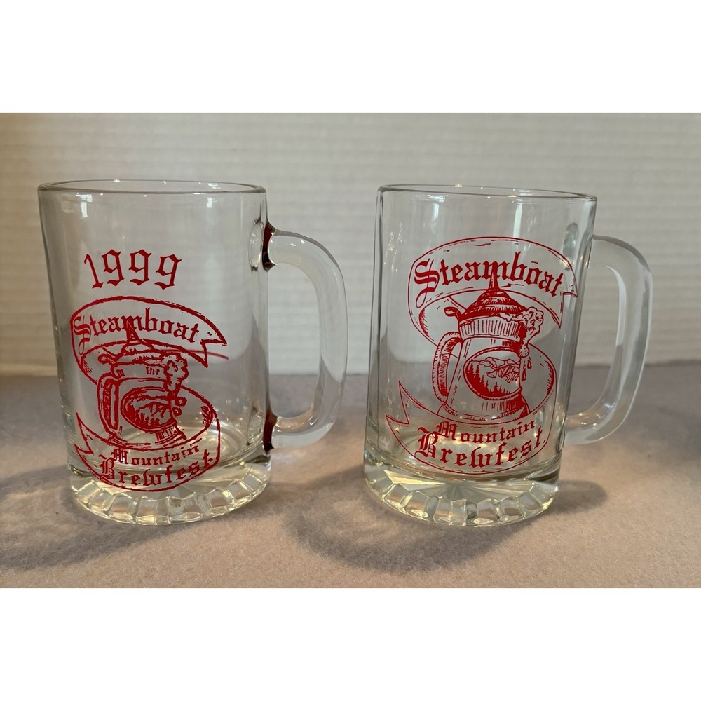 Set of 2 Vintage 1999 Steamboat‎ Mountain Brewfest Glass Beer Mugs – 4.75" Tall